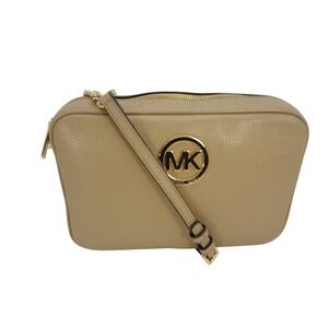 Michael Kors Tan Pebbled Leather Crossbody Camera Bag Gold MK Logo